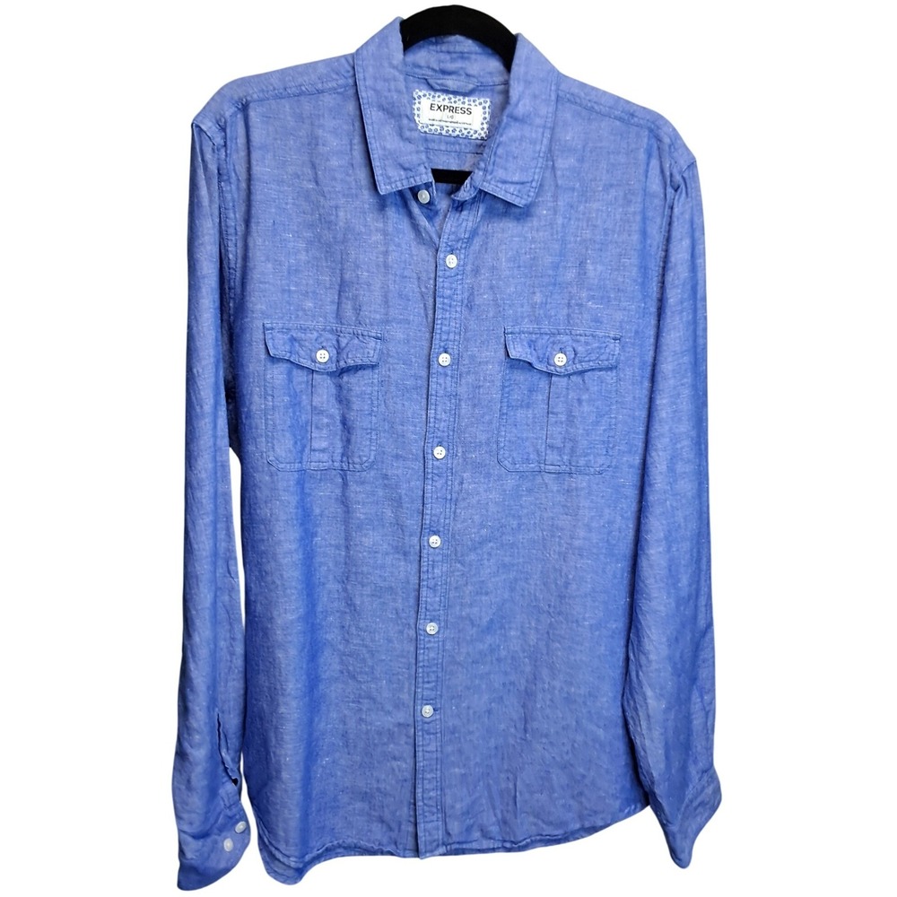 Express Mens Blue Linen Cotton Blend Long Sleeve Button Down Shirt Large